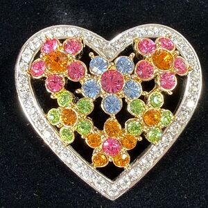 Joan Rivers Signed Vintage Floral Multi-Color Rhinestone Heart-Shaped Brooch
